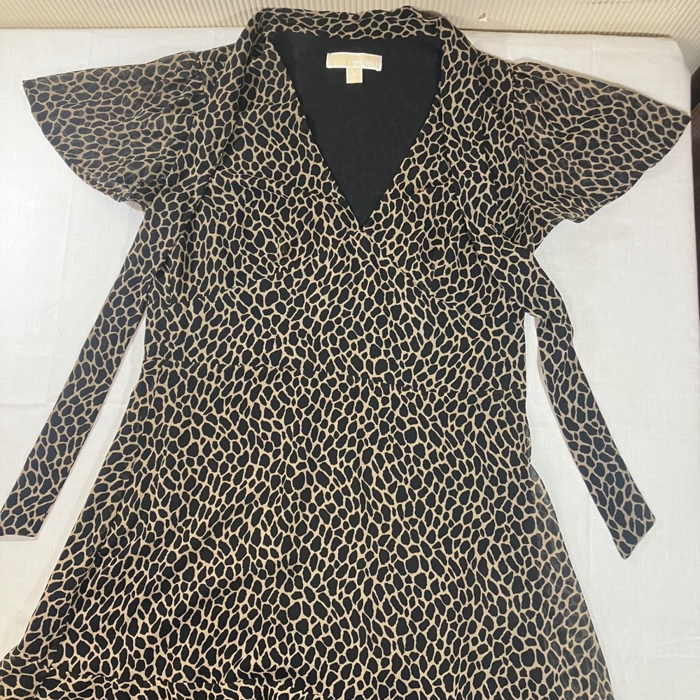 Michael Michael Kors Giraffe Print Faux Wrap Dress Medium Tan Black Ruffle Hem